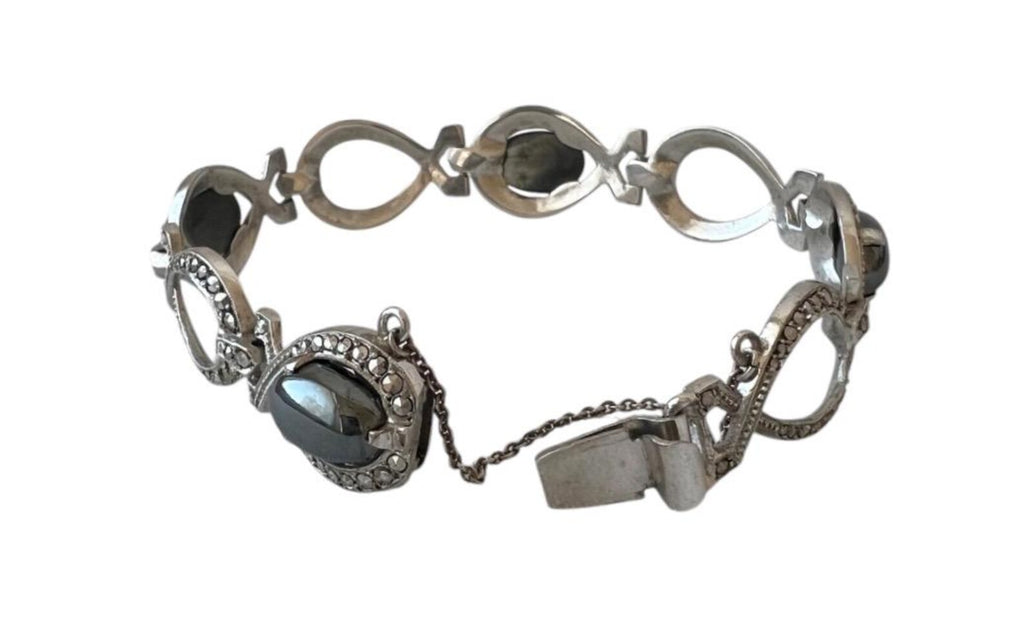 Antique Art Deco 800 Silver & Marcasite Bracelet with Hematite Cabochons