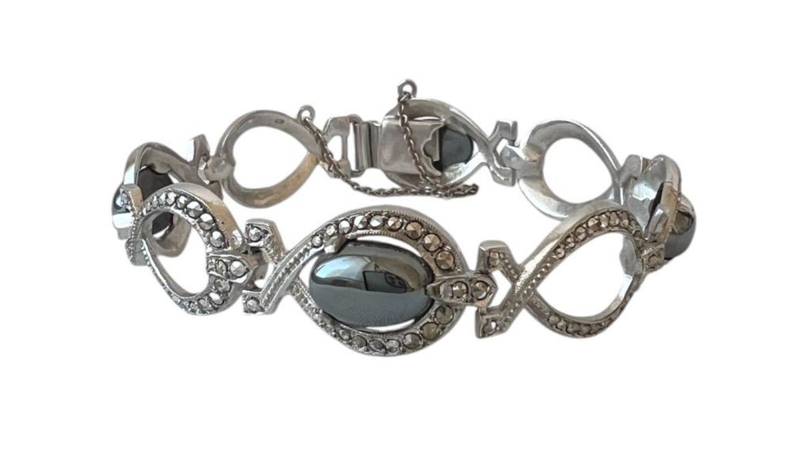 Antique Art Deco 800 Silver & Marcasite Bracelet with Hematite Cabochons