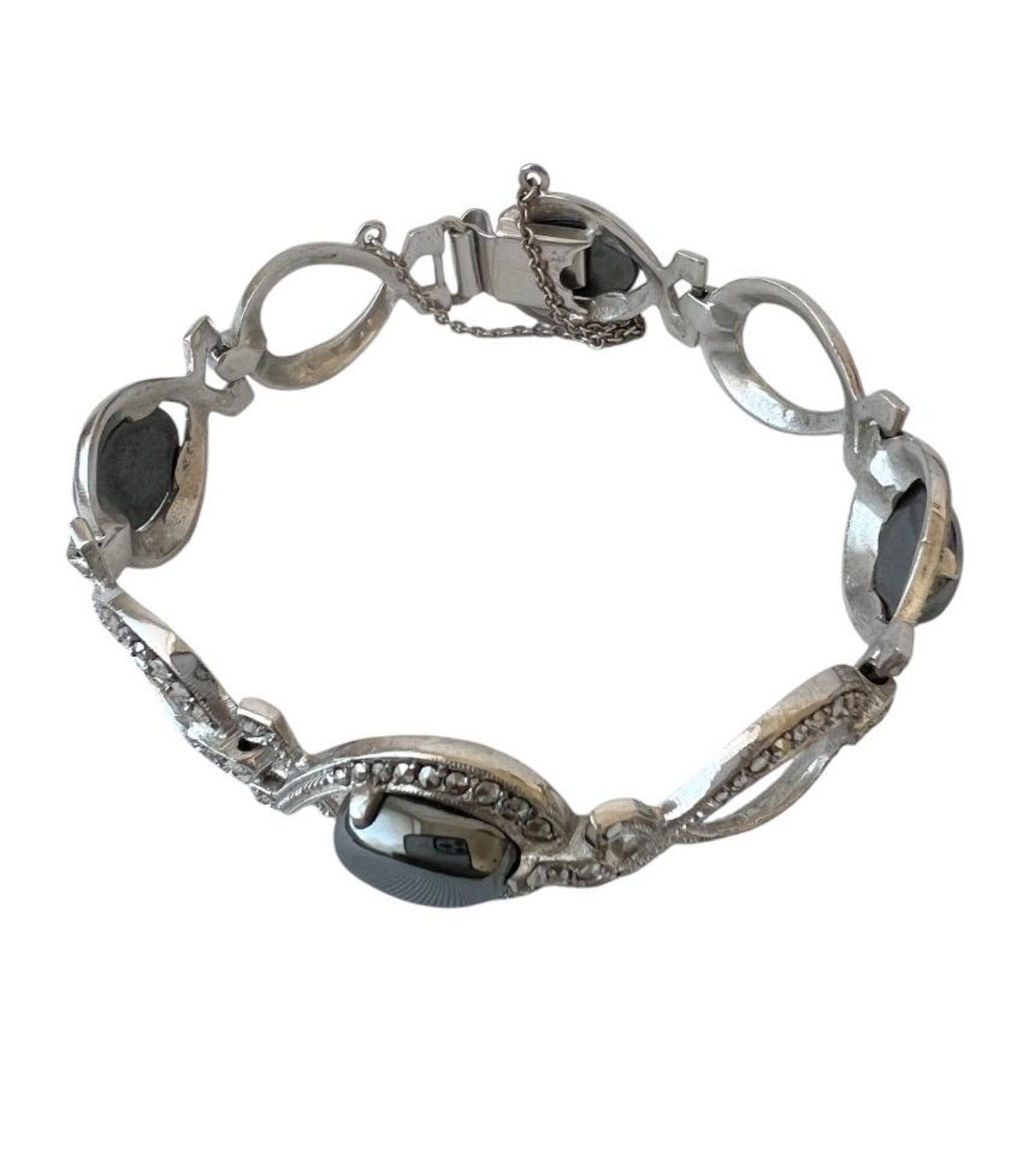 Antique Art Deco 800 Silver & Marcasite Bracelet with Hematite Cabochons