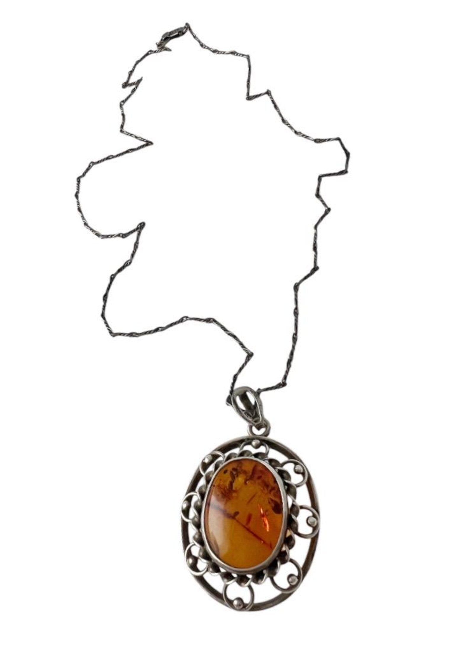 Vintage Baltic Amber 835 Silver Filigree Pendant Necklace With 900 Silver Chain