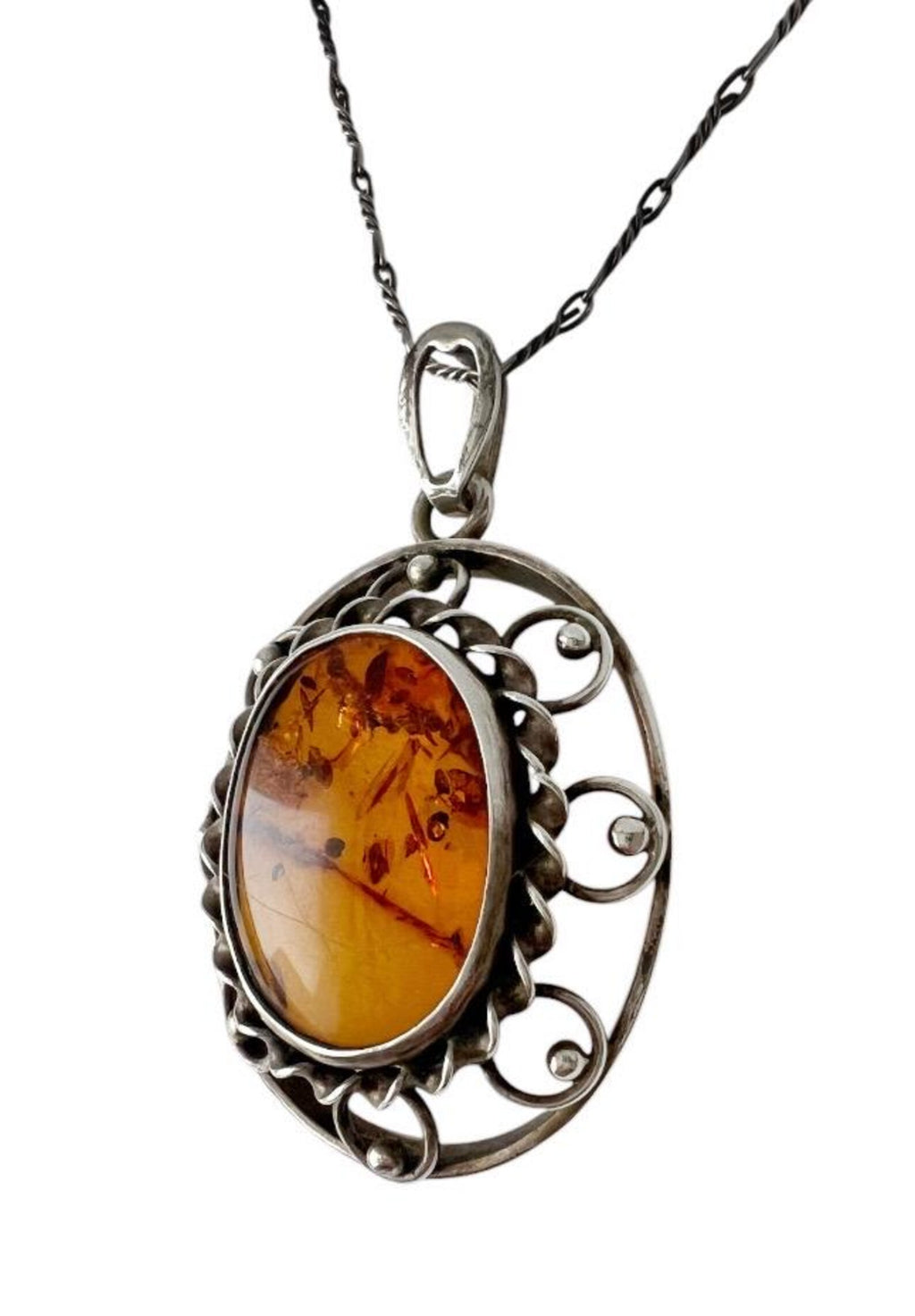 Vintage Baltic Amber 835 Silver Filigree Pendant Necklace With 900 Silver Chain
