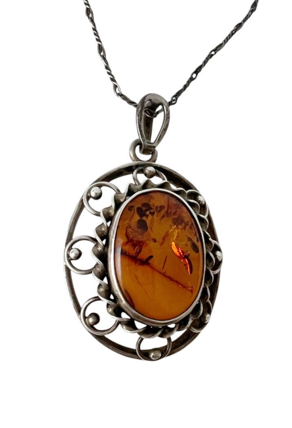 Vintage Baltic Amber 835 Silver Filigree Pendant Necklace With 900 Silver Chain