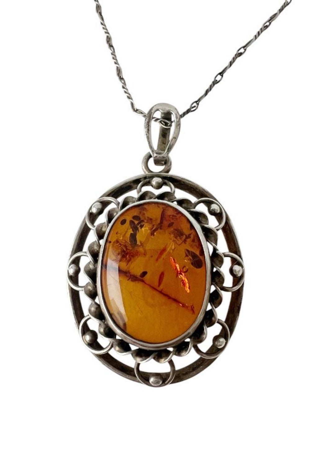 Vintage Baltic Amber 835 Silver Filigree Pendant Necklace With 900 Silver Chain