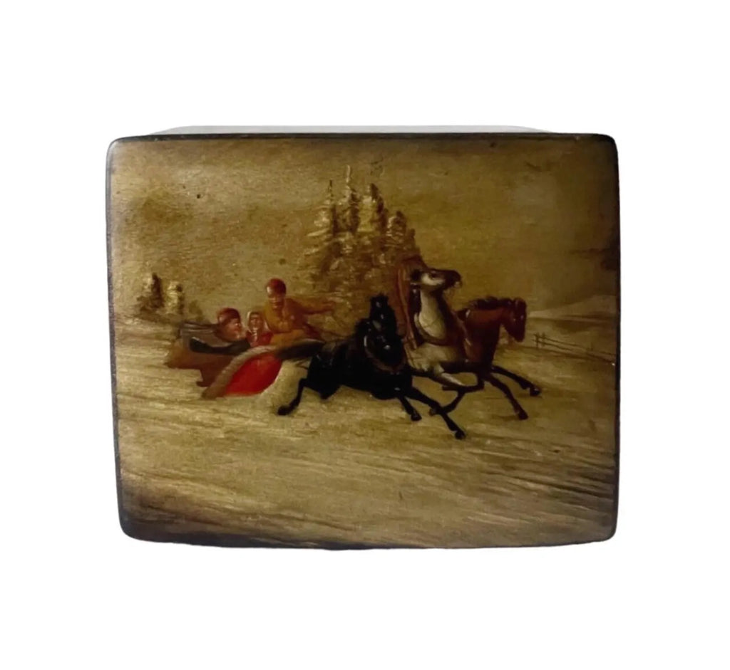 Vintage Palekh Lacquer Box Winter Troika Scene USSR Hand Painted