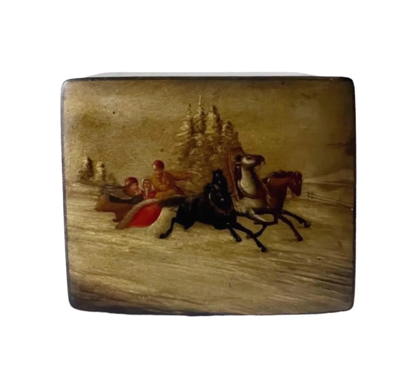 Vintage Palekh Lacquer Box Winter Troika Scene USSR Hand Painted
