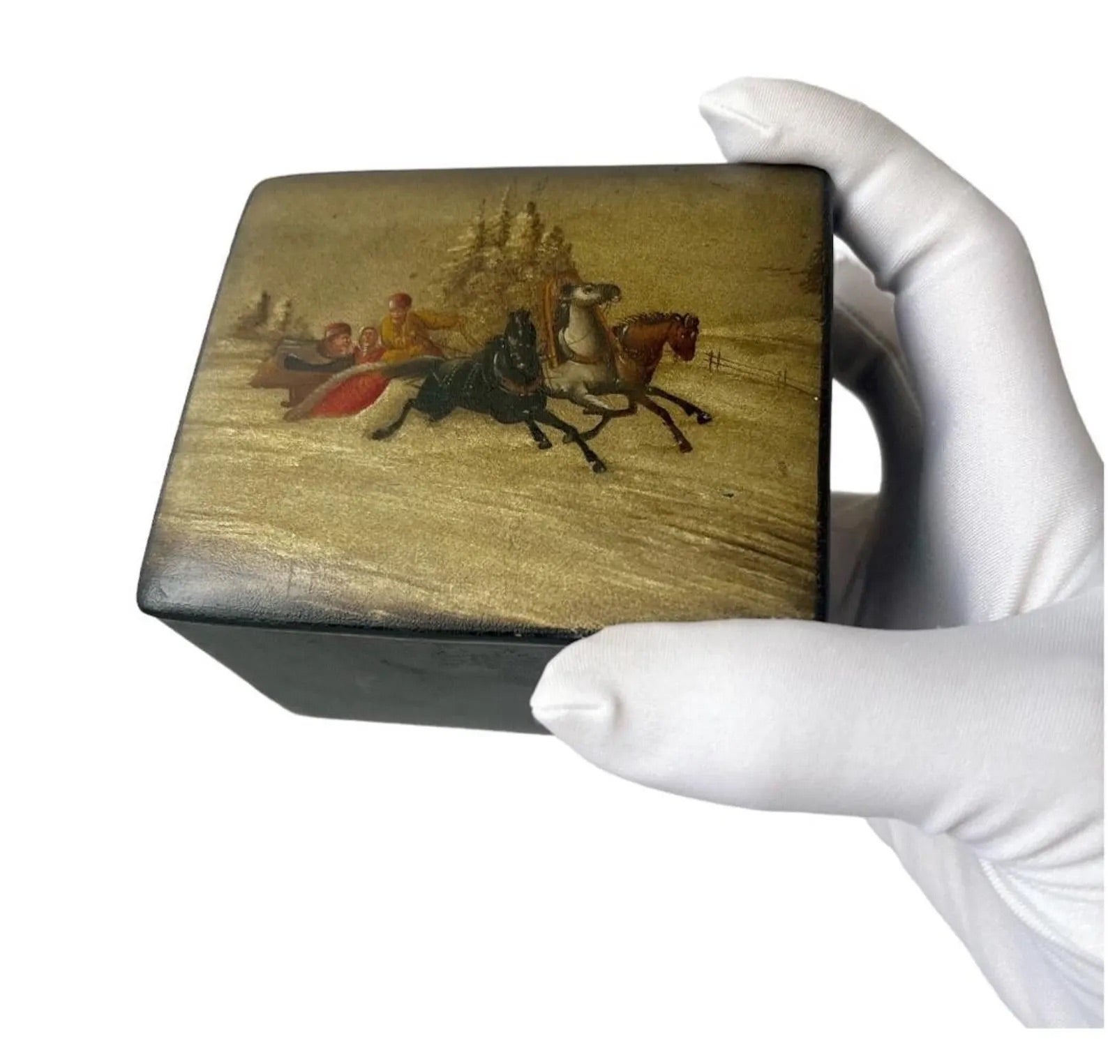Vintage Palekh Lacquer Box Winter Troika Scene USSR Hand Painted