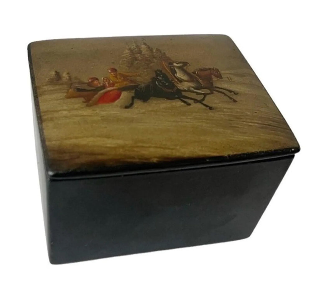 Vintage Palekh Lacquer Box Winter Troika Scene USSR Hand Painted