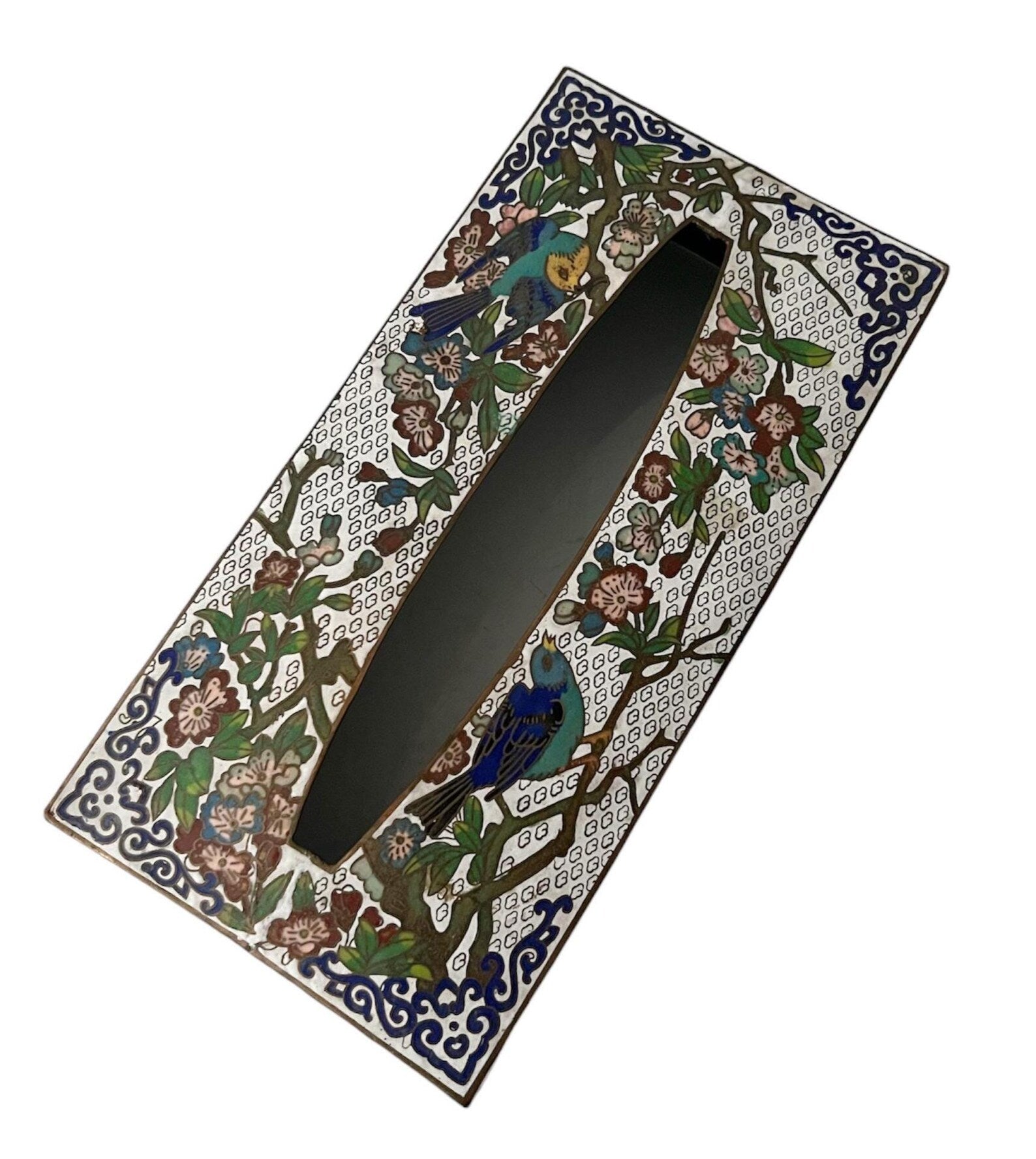 Vintage Cloisonné Enamel Tissue Box Holder, Floral & Bird Design.