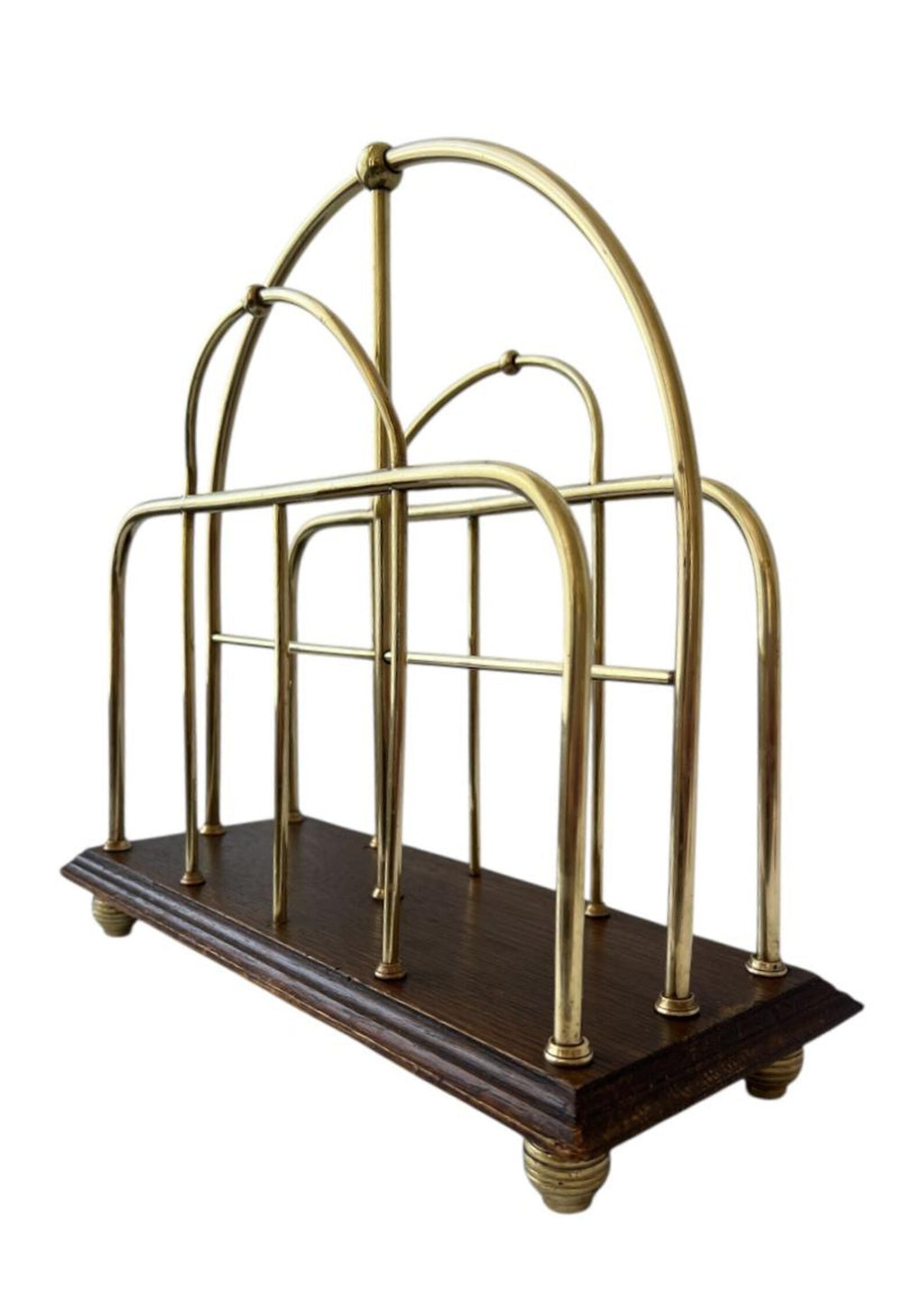 Antique Oak & Brass Magazine Rack English Canterbury Newspaper Holder c.1890