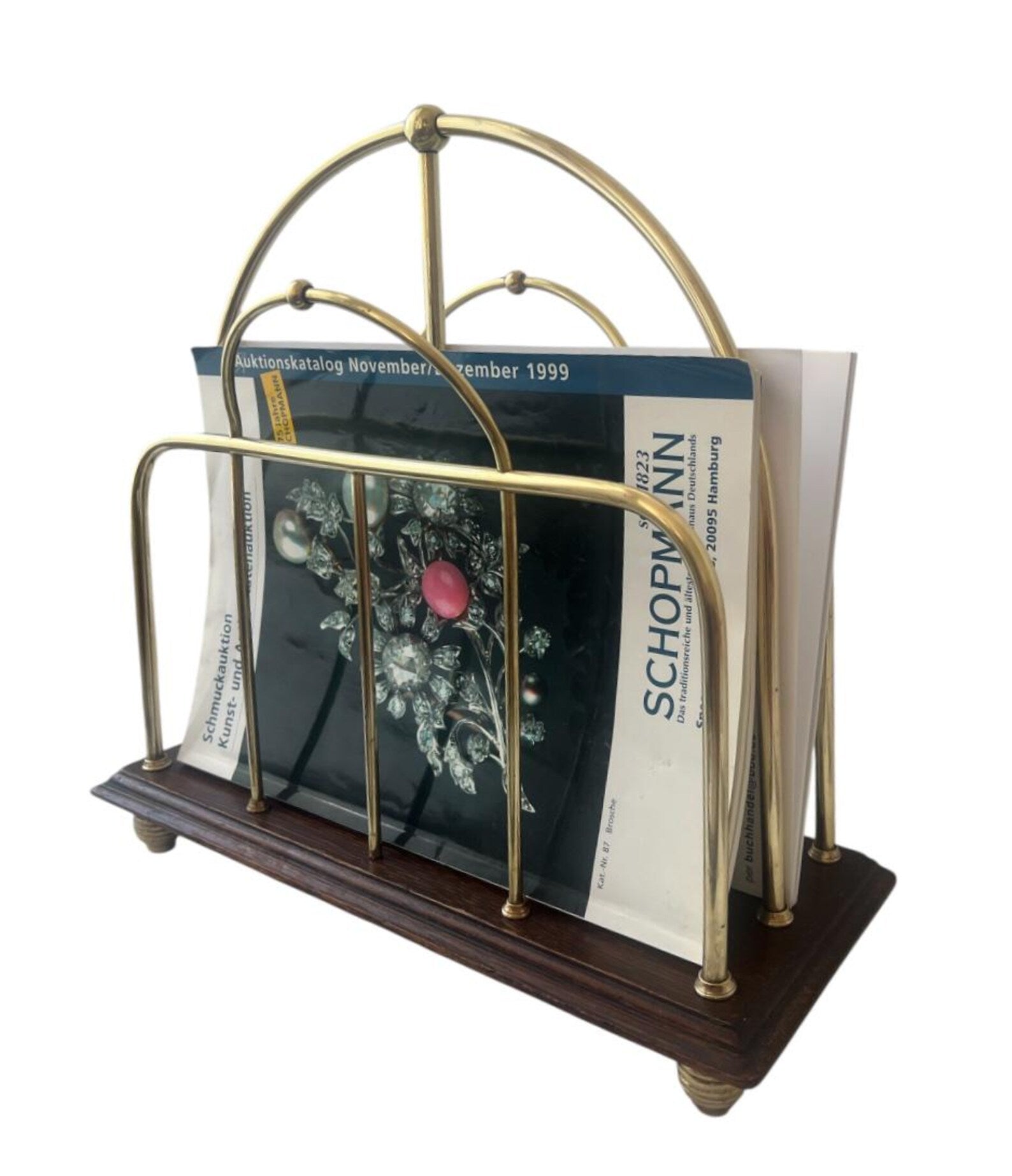 Antique Oak & Brass Magazine Rack English Canterbury Newspaper Holder c.1890