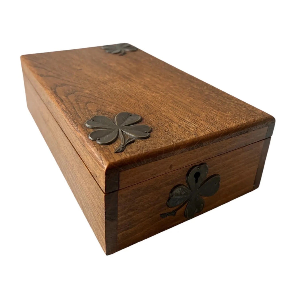 Antique Wooden Shaving Box with Tilting Mirror & Brass Clover Mounts