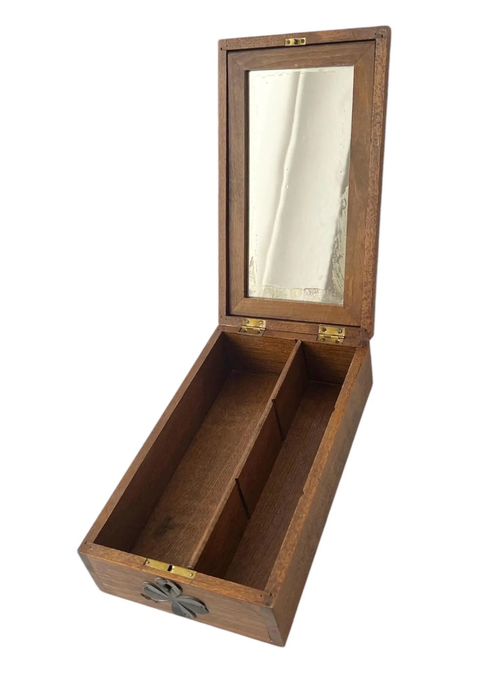Antique Wooden Shaving Box with Tilting Mirror & Brass Clover Mounts