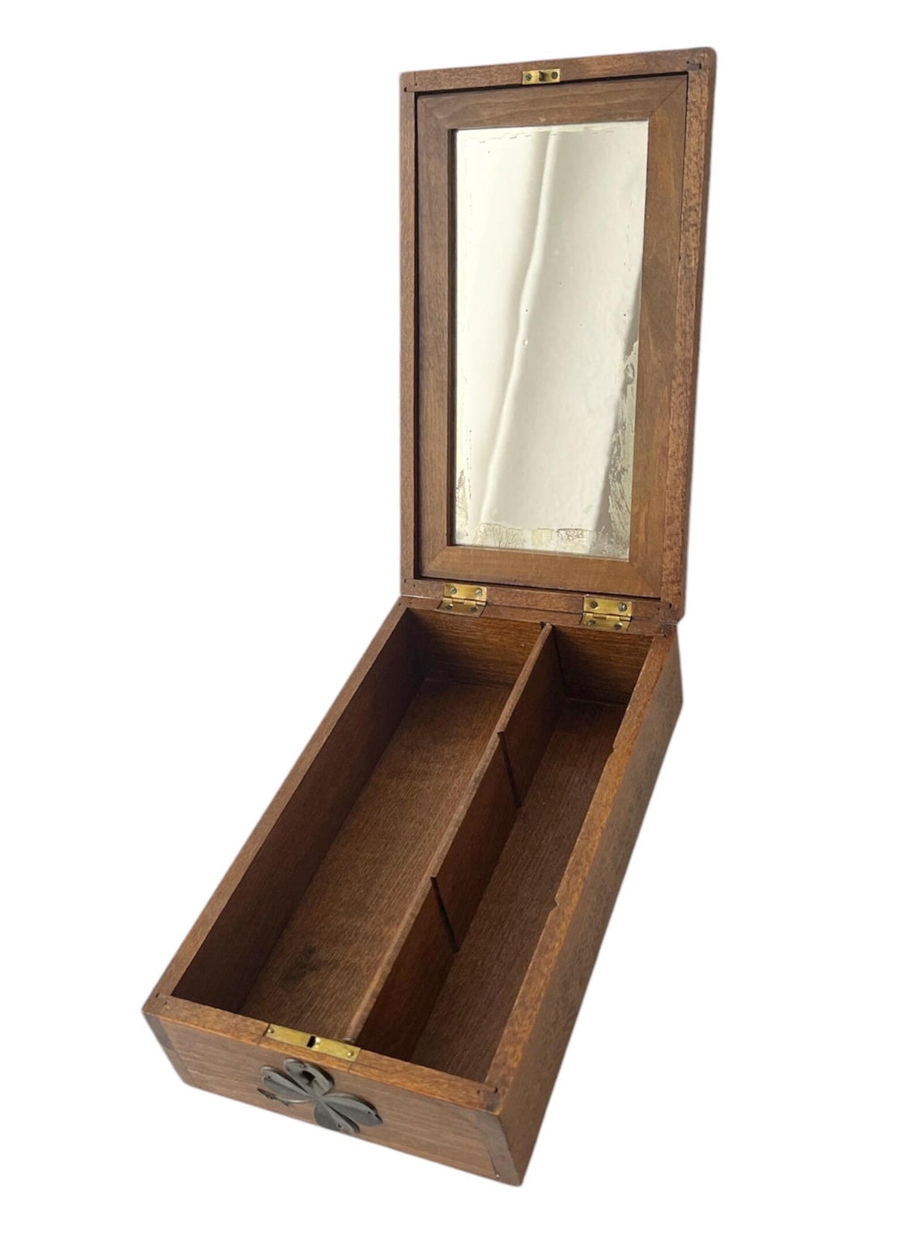 Antique Wooden Shaving Box with Tilting Mirror & Brass Clover Mounts