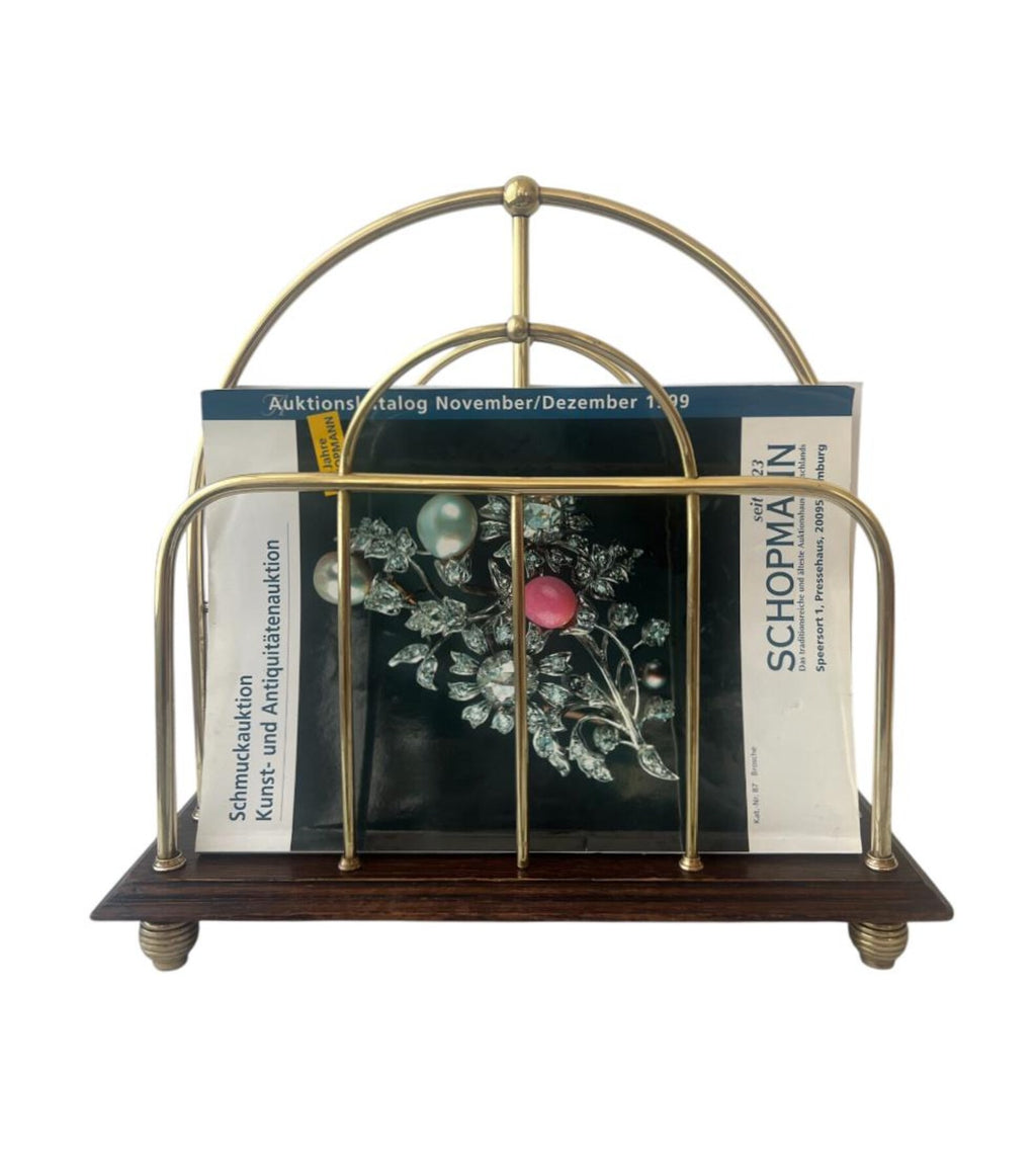 Antique Oak & Brass Magazine Rack English Canterbury Newspaper Holder c.1890