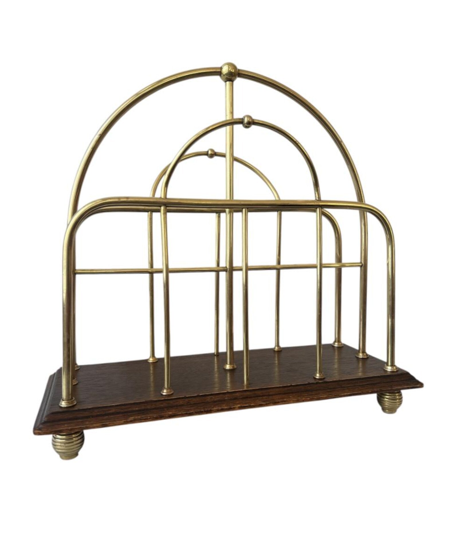 Antique Oak & Brass Magazine Rack English Canterbury Newspaper Holder c.1890
