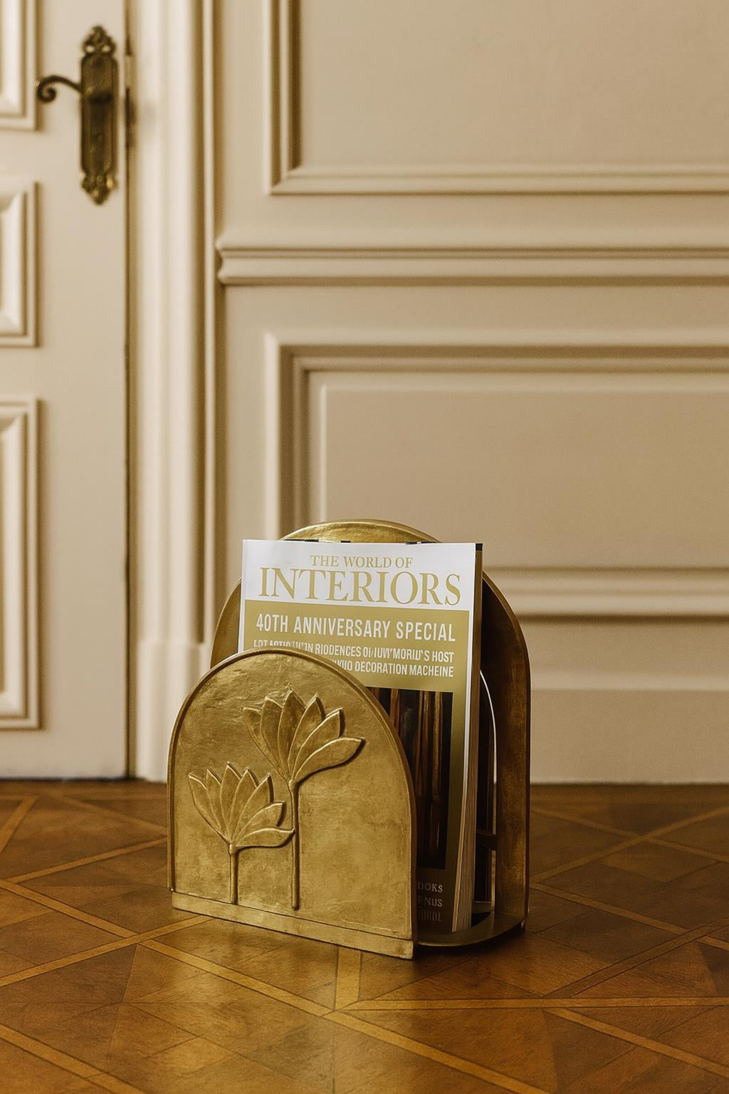 Vintage Solid Brass Magazine Rack with Art Deco and Art Nouveau Design.