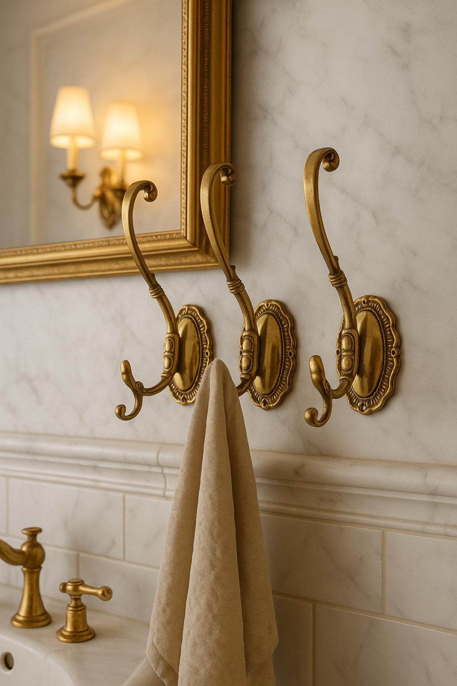 Set of 3 Large Vintage Brass Wall Hooks, Ornate Coat Hat Towel Hangers