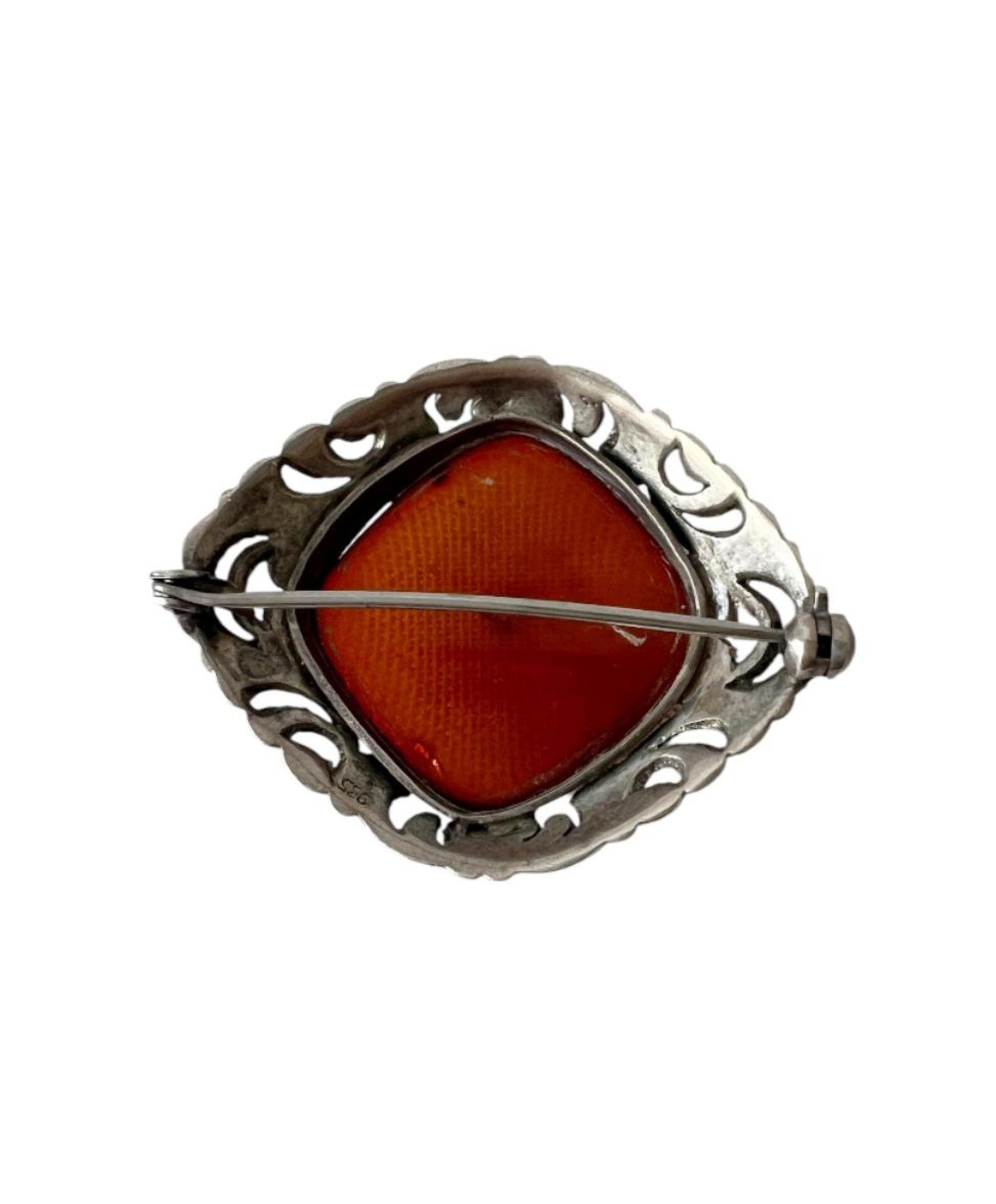 Antique Silver & Natural Amber Brooch. Ornate Art Nouveau Scrollwork.