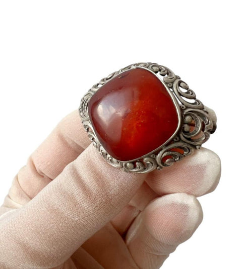 Antique Silver & Natural Amber Brooch. Ornate Art Nouveau Scrollwork.