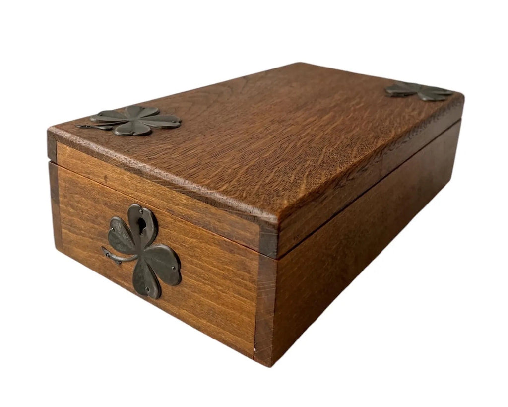 Antique Wooden Shaving Box with Tilting Mirror & Brass Clover Mounts