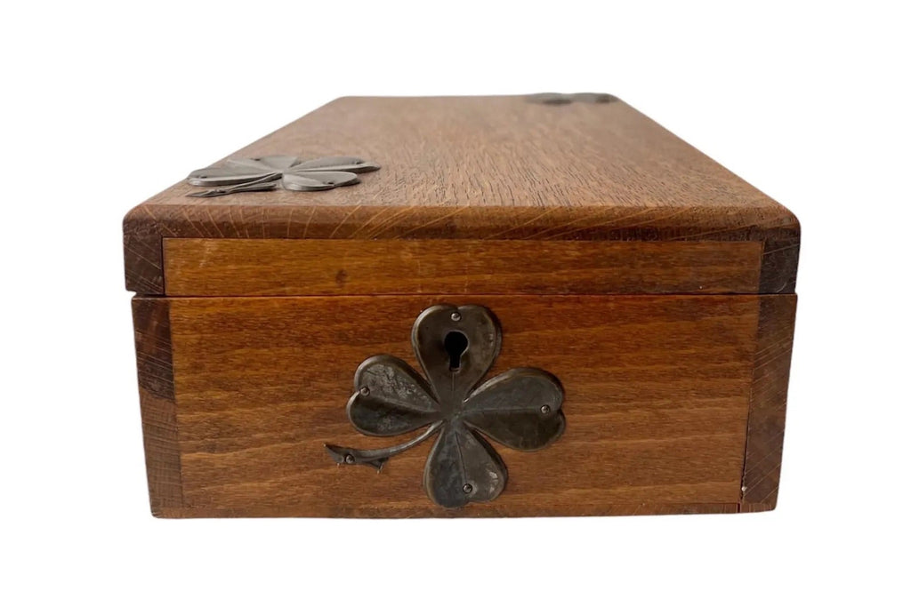 Antique Wooden Shaving Box with Tilting Mirror & Brass Clover Mounts