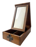 Antique Wooden Shaving Box with Tilting Mirror & Brass Clover Mounts