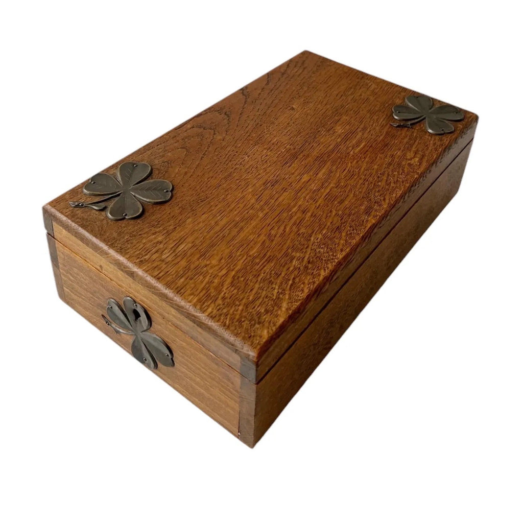 Antique Wooden Shaving Box with Tilting Mirror & Brass Clover Mounts