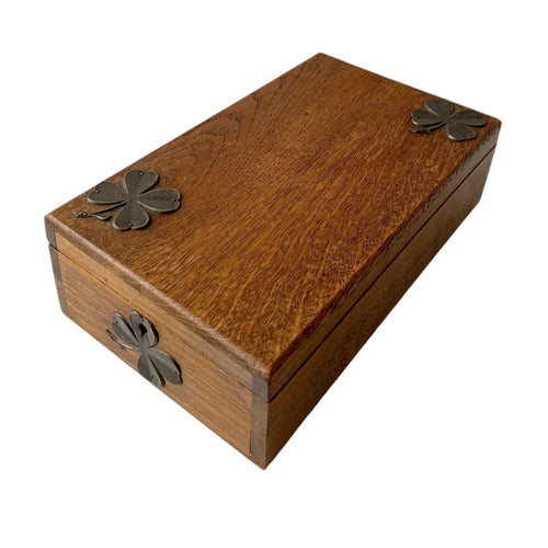 Antique Wooden Shaving Box with Tilting Mirror & Brass Clover Mounts
