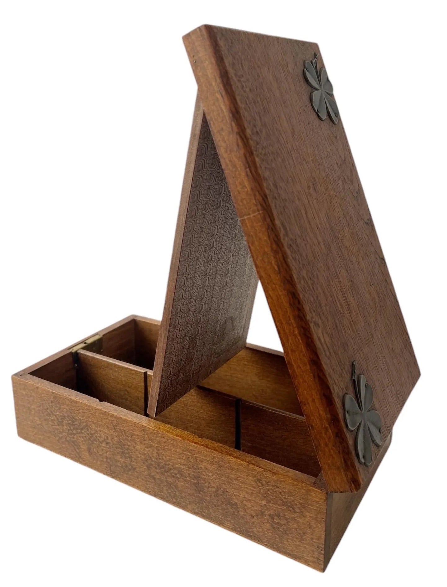 Antique Wooden Shaving Box with Tilting Mirror & Brass Clover Mounts
