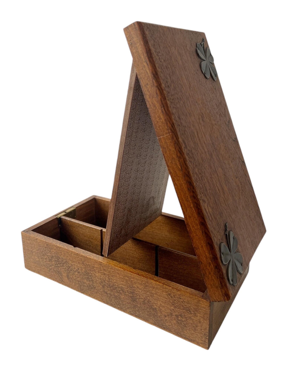 Antique Wooden Shaving Box with Tilting Mirror & Brass Clover Mounts