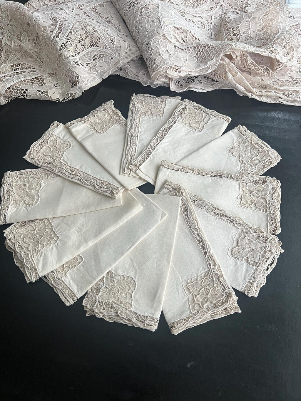 Antique Point de Venise Lace Tablecloth & Napkins - Floral Needlepoint - 1880-1920