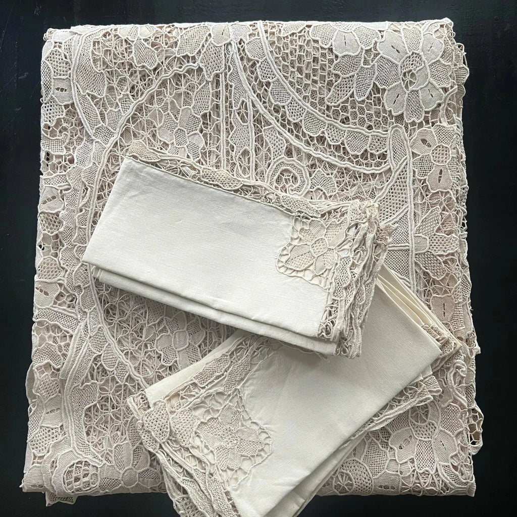 Antique Point de Venise Lace Tablecloth & Napkins - Floral Needlepoint - 1880-1920