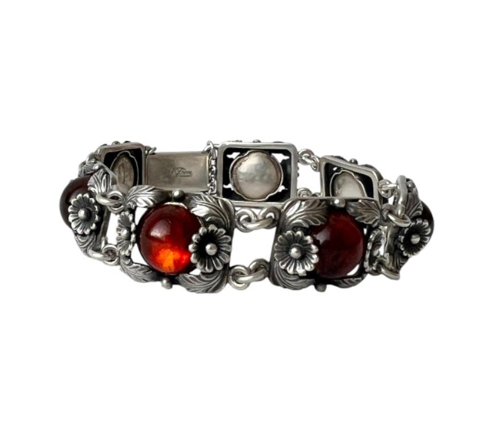 Vintage Baltic Amber Bracelet, Daisy Design, Sterling Silver, Danish Modernist, Niels Erik From