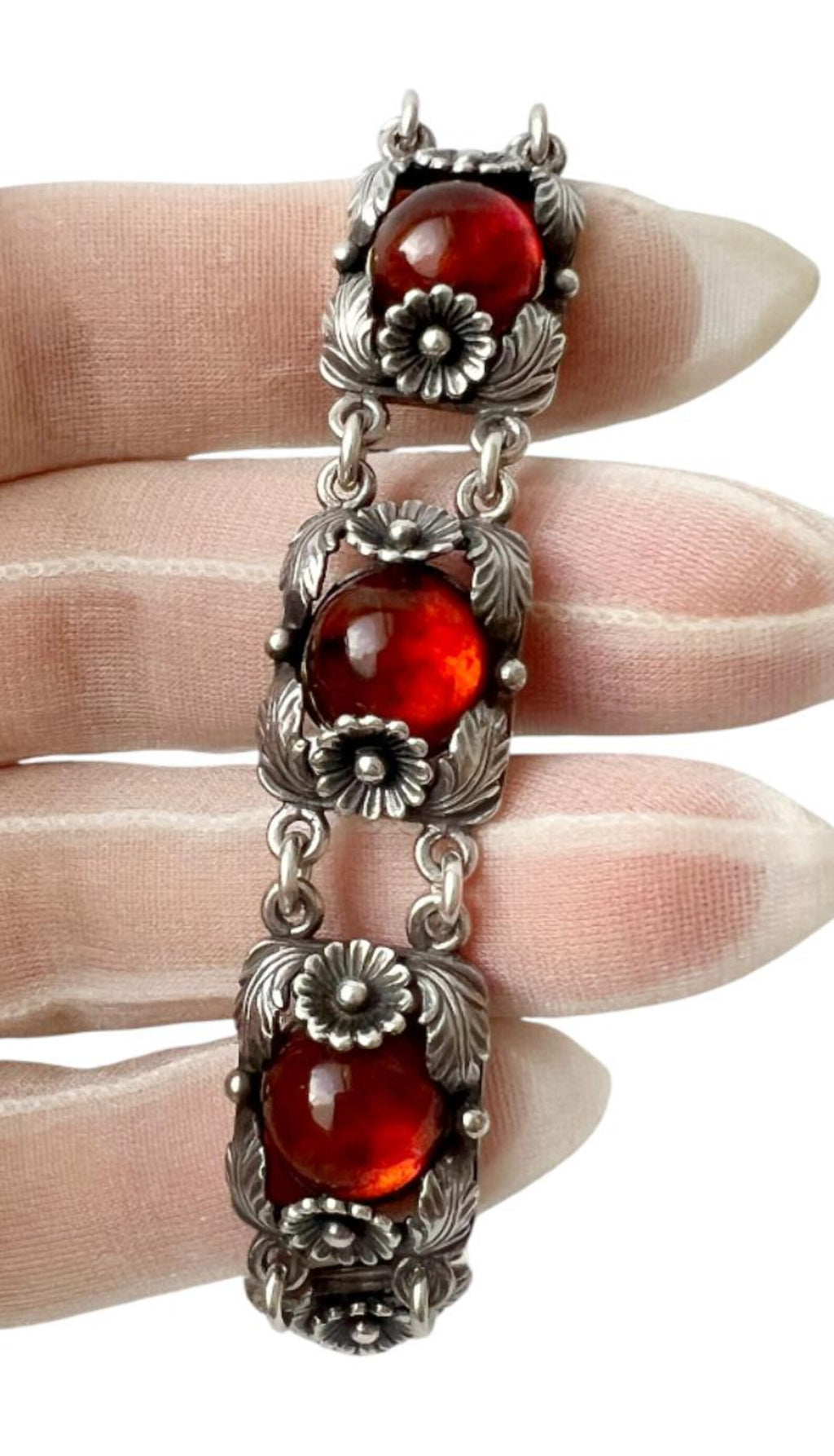 Vintage Baltic Amber Bracelet, Daisy Design, Sterling Silver, Danish Modernist, Niels Erik From