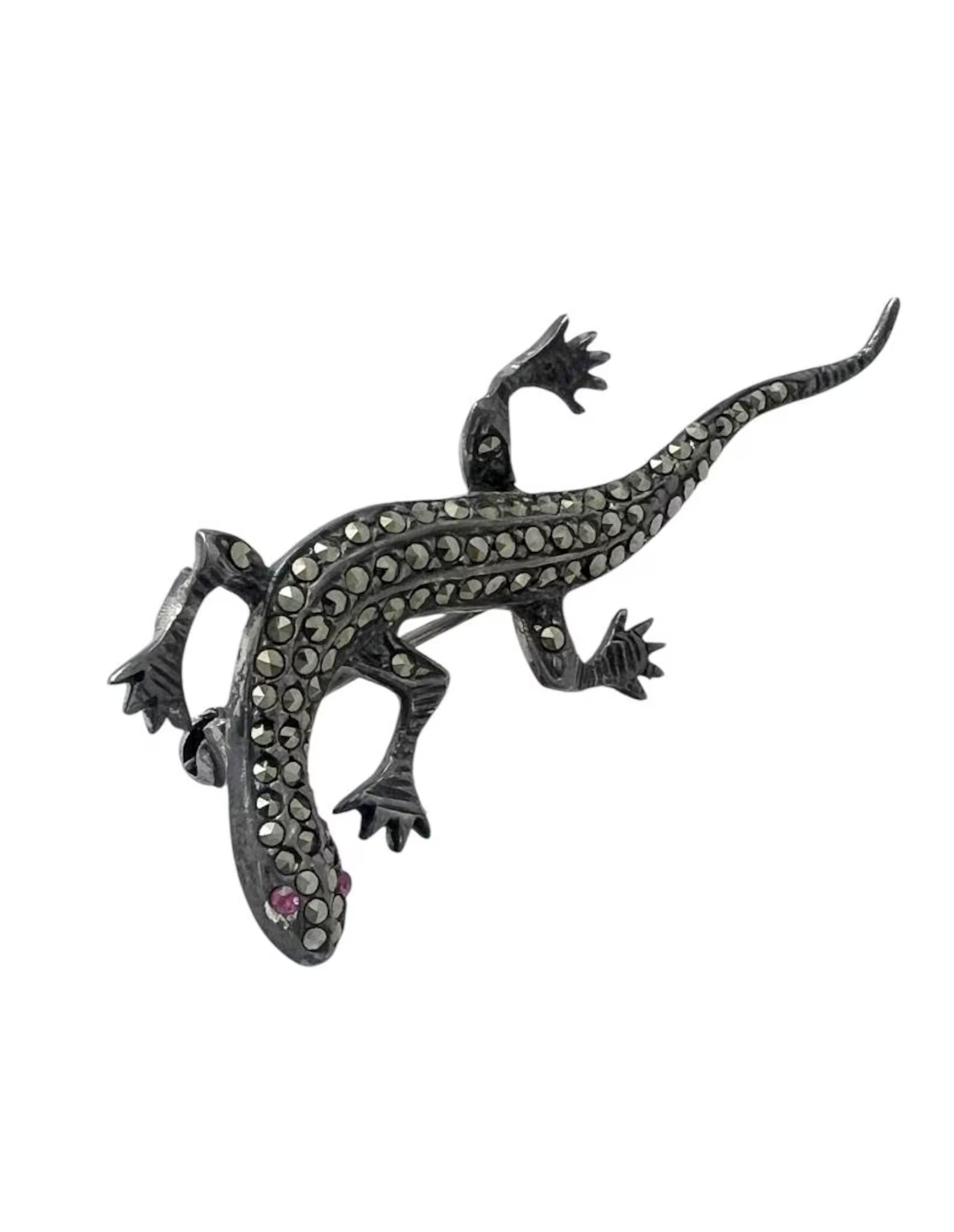 Vintage Silver Marcasite Lizard Brooch with Ruby Eyes.