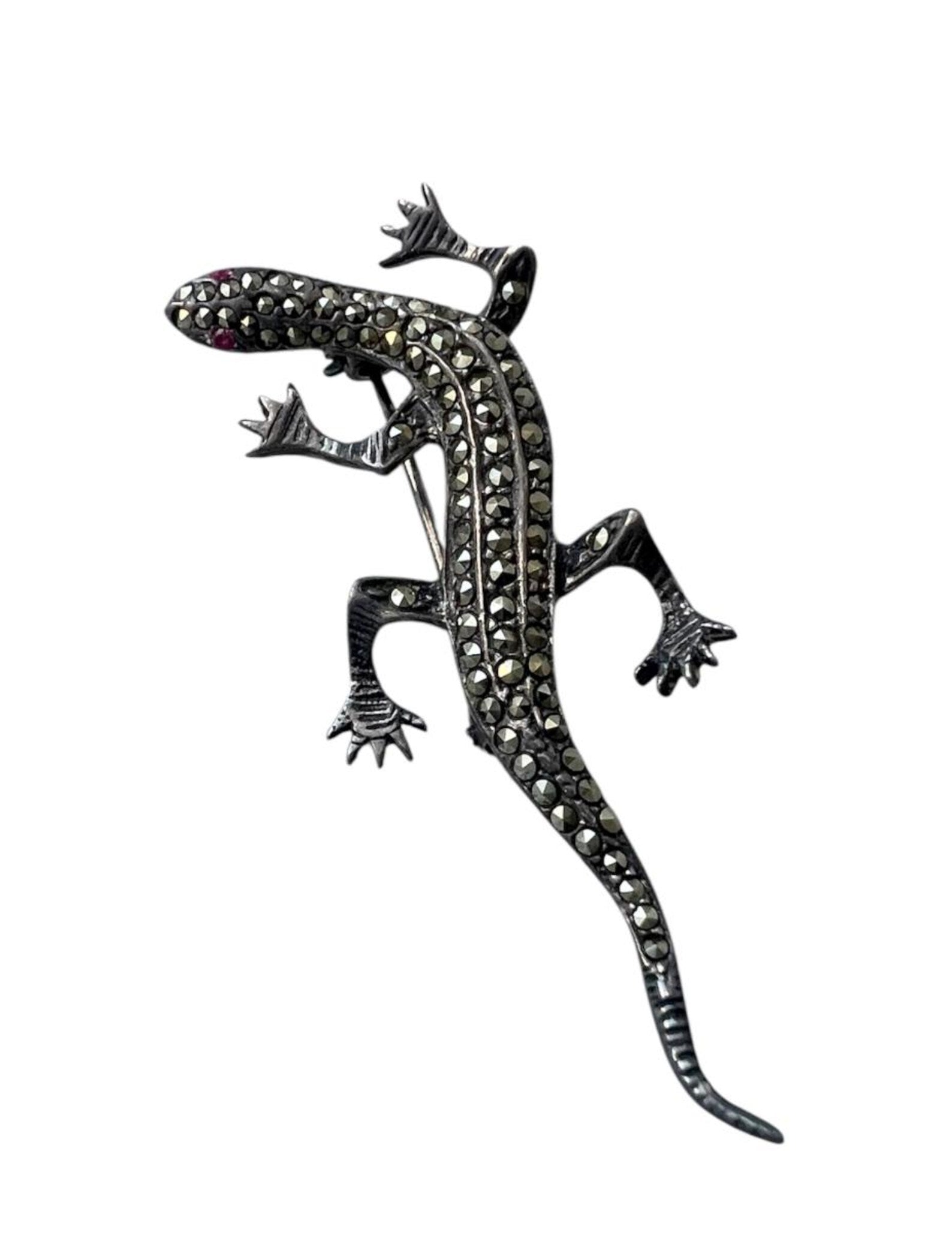Vintage Silver Marcasite Lizard Brooch with Ruby Eyes.
