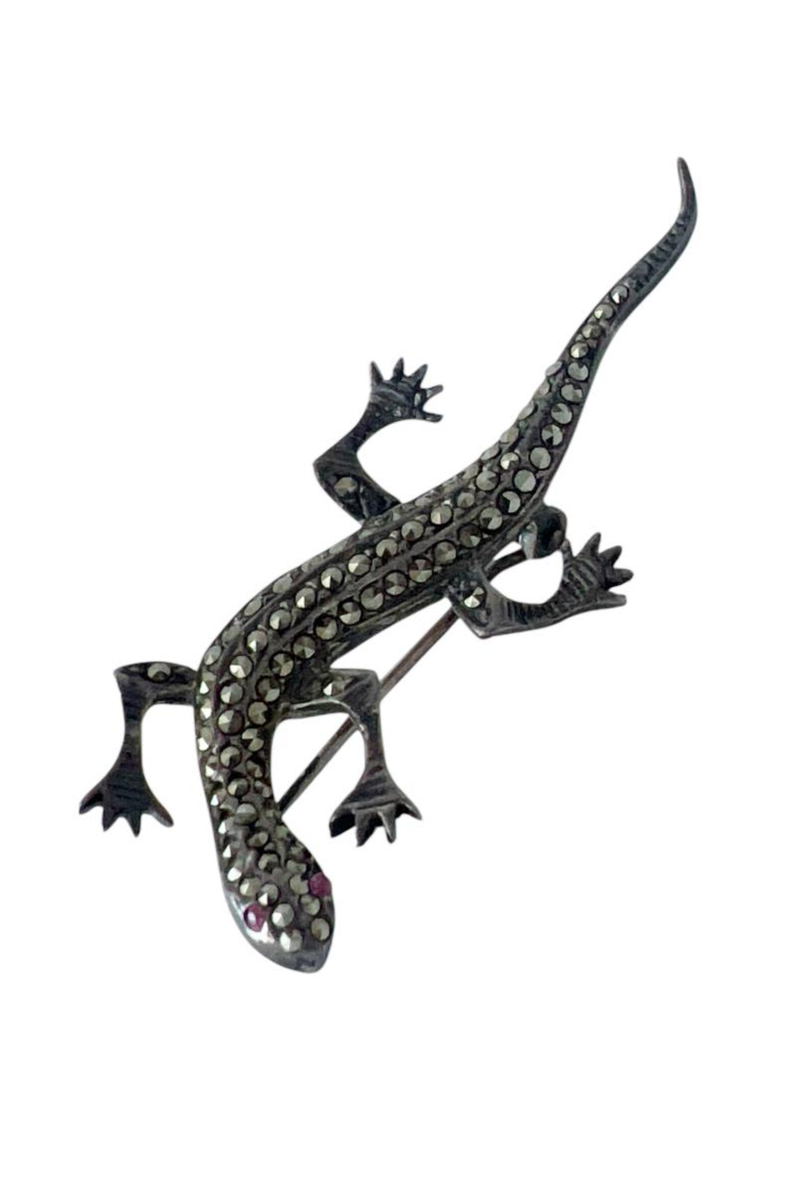 Vintage Silver Marcasite Lizard Brooch with Ruby Eyes.