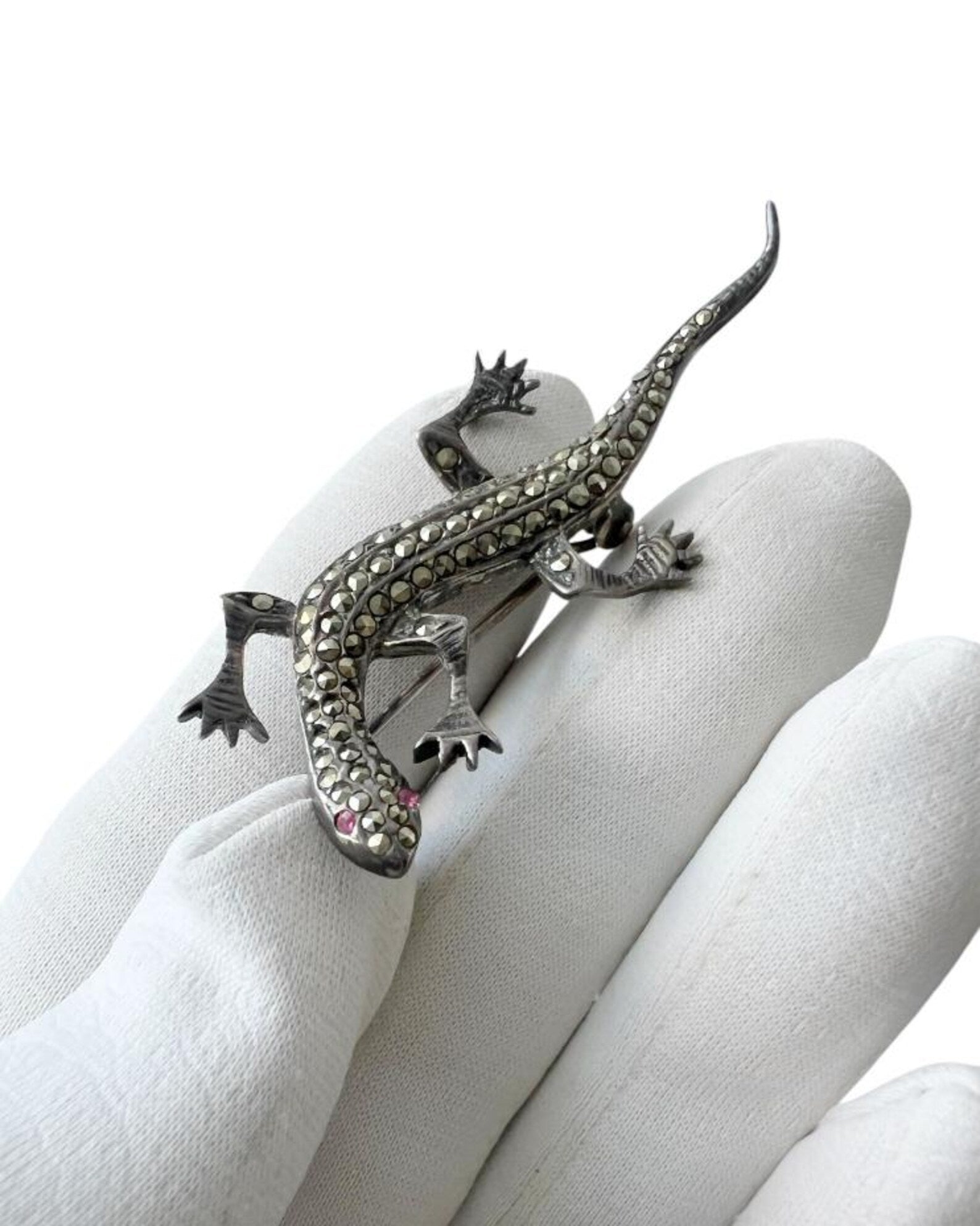 Vintage Silver Marcasite Lizard Brooch with Ruby Eyes.