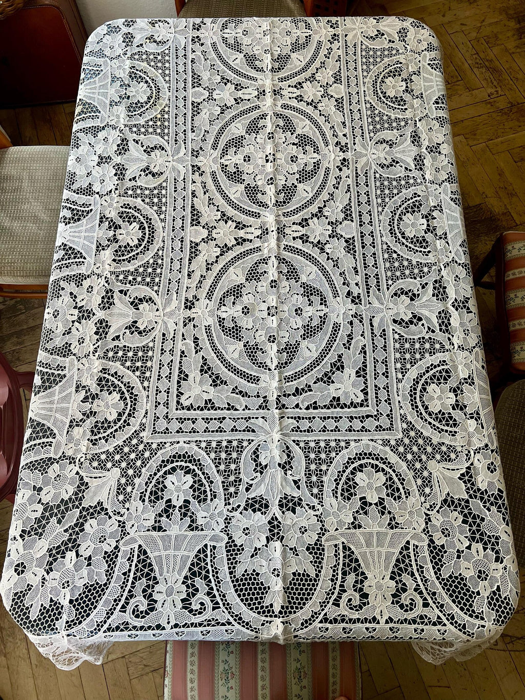 Antique Point de Venise Lace Tablecloth & Napkins - Floral Needlepoint - 1880-1920