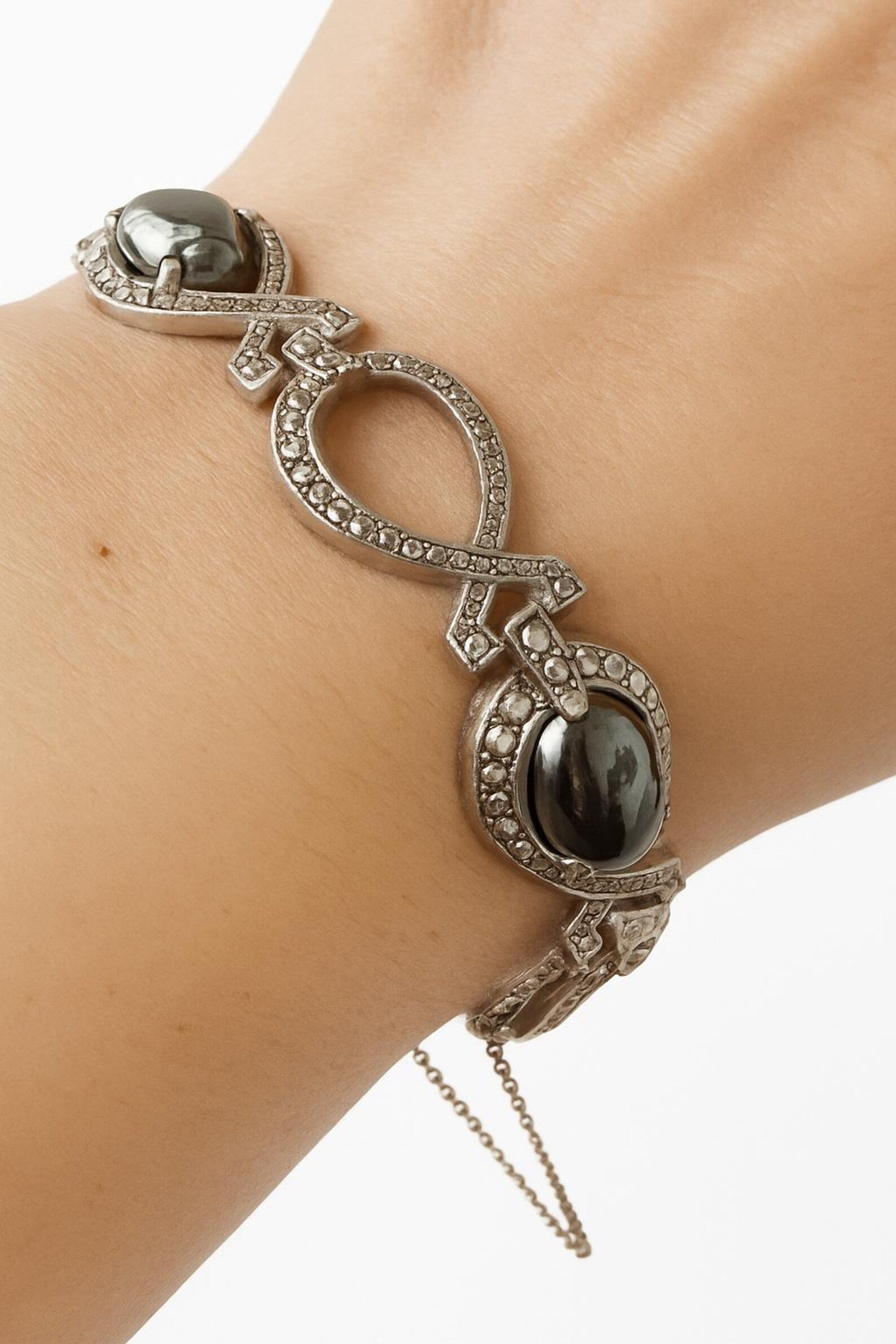 Antique Art Deco 800 Silver & Marcasite Bracelet with Hematite Cabochons