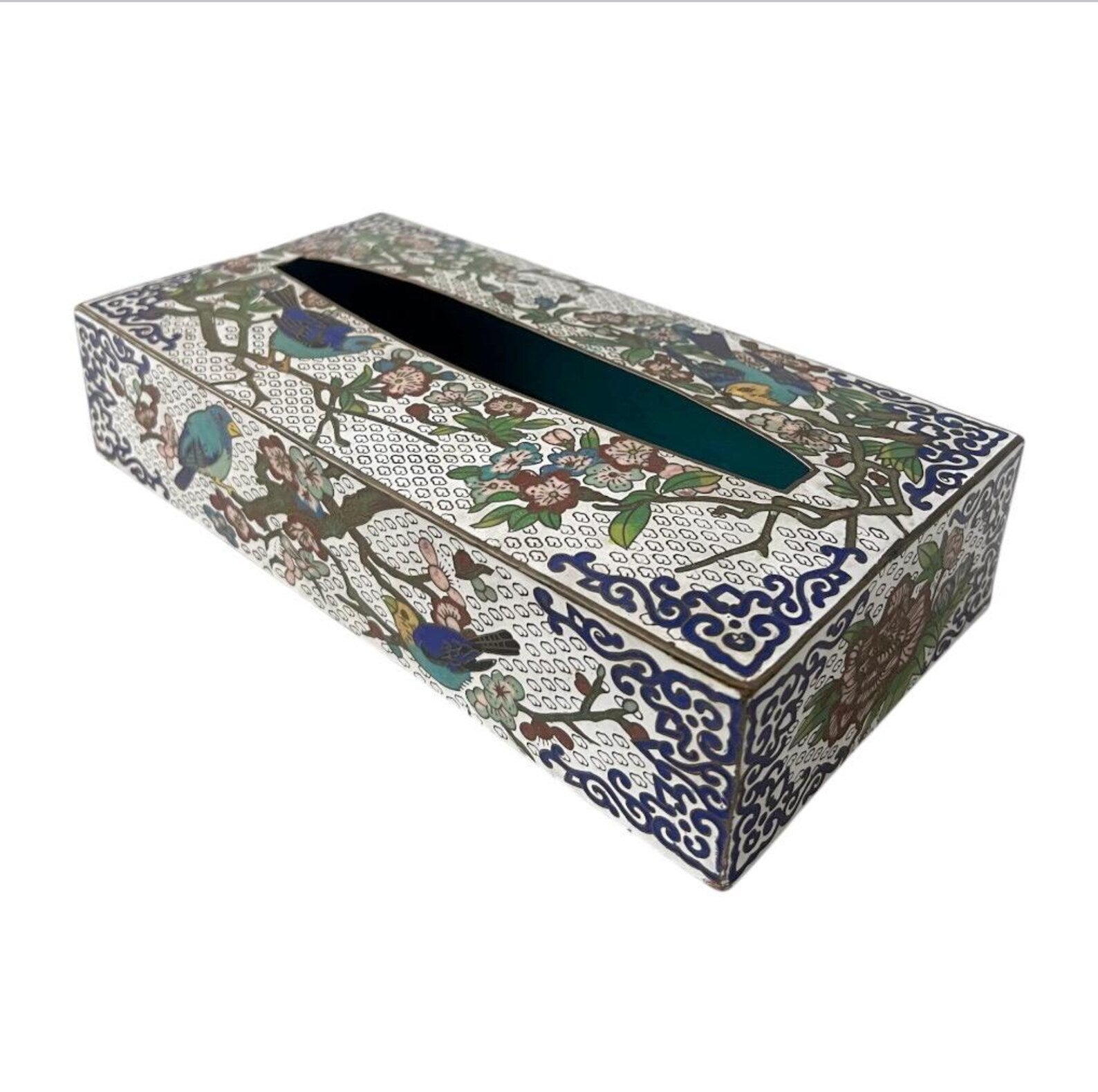 Vintage Cloisonné Enamel Tissue Box Holder, Floral & Bird Design.