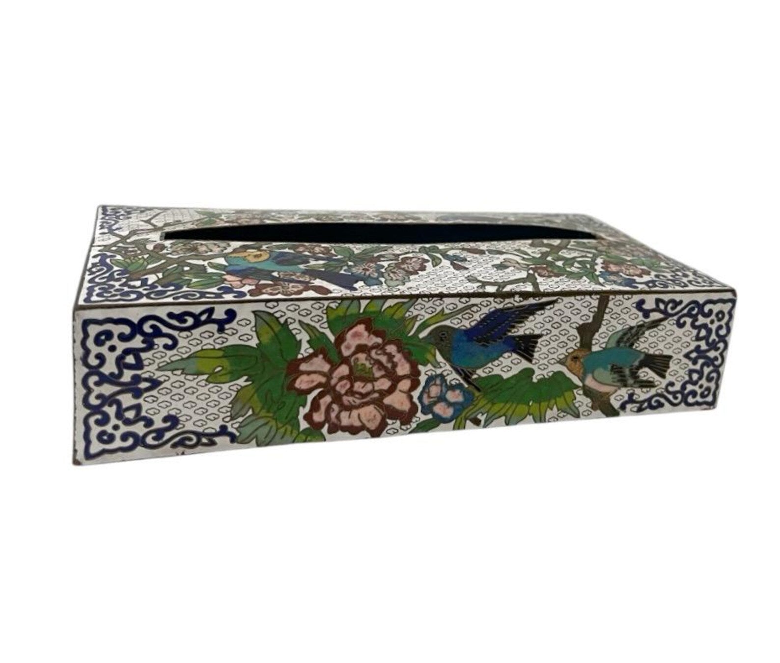 Vintage Cloisonné Enamel Tissue Box Holder, Floral & Bird Design.