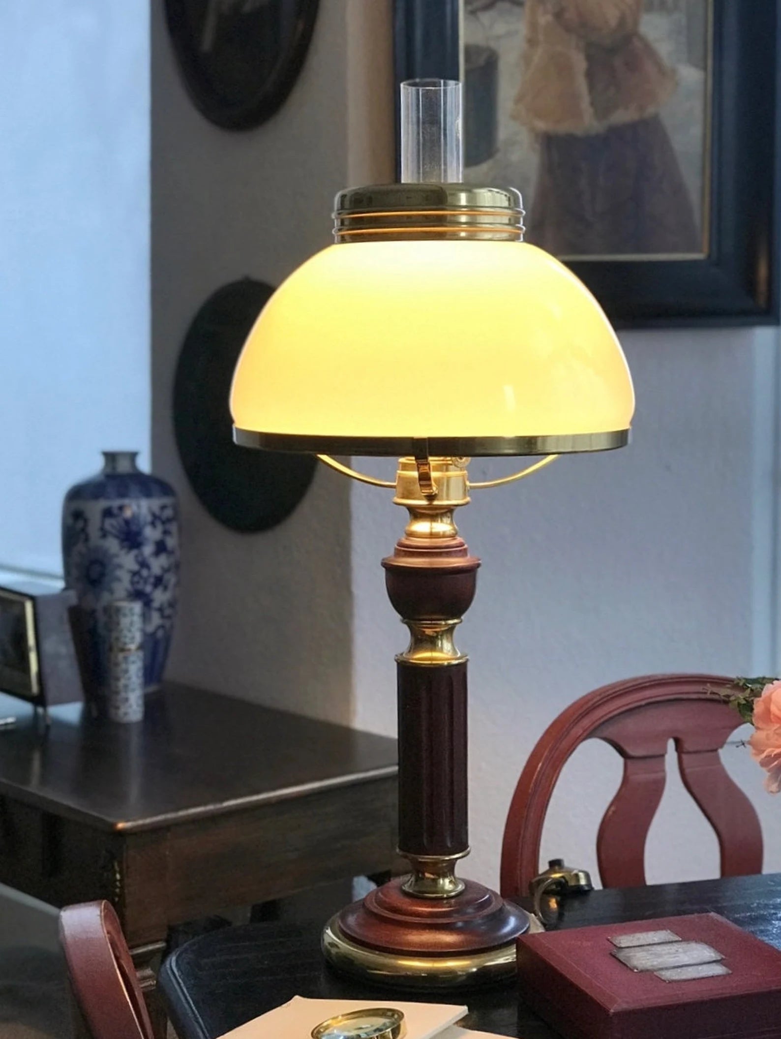Vintage Kosmos Brenner Brass & Wood Table Lamp - German Oil-Style Desk Lamp
