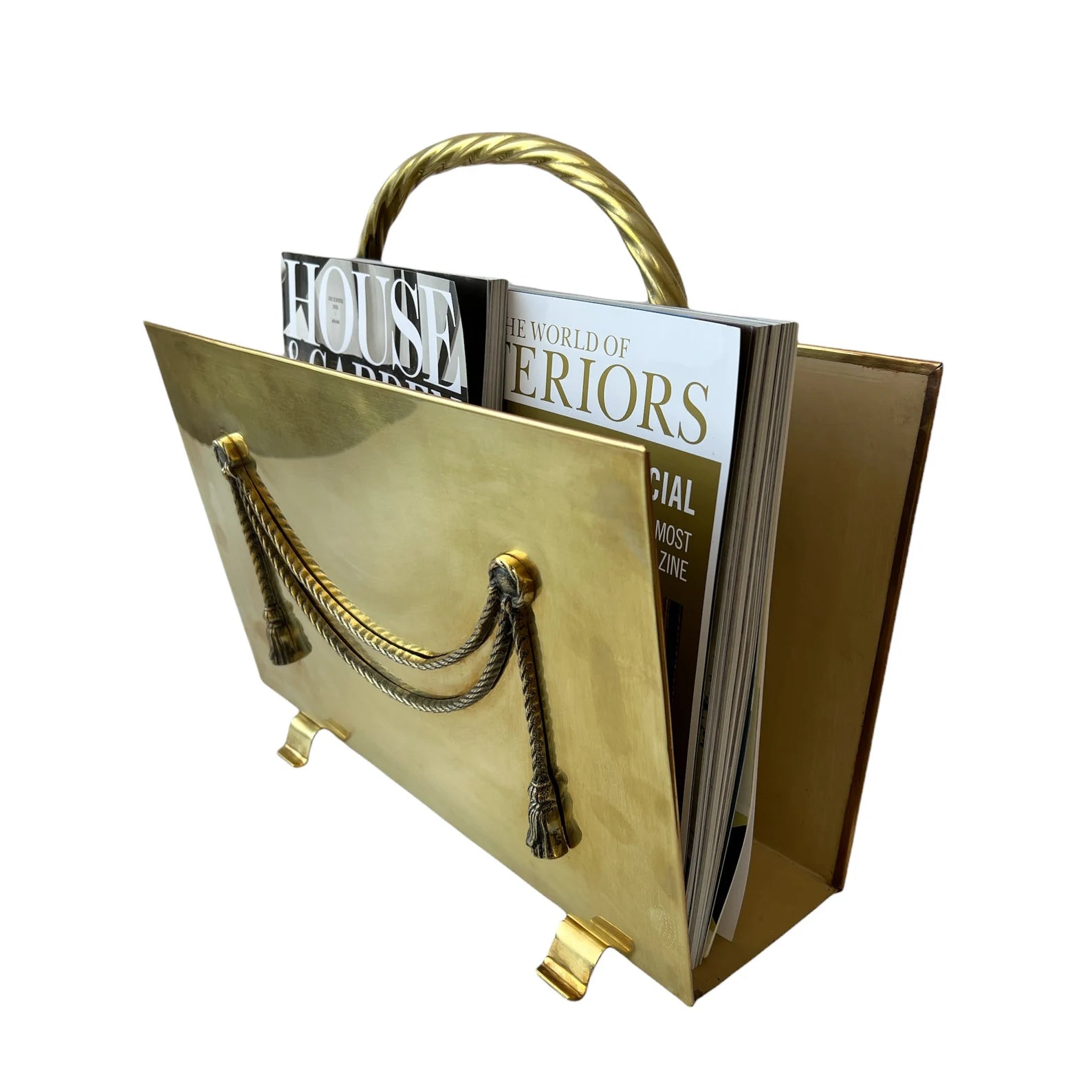 Vintage Peerage Brass Magazine Holder, Art Deco Neoclassical Design, English 1940s