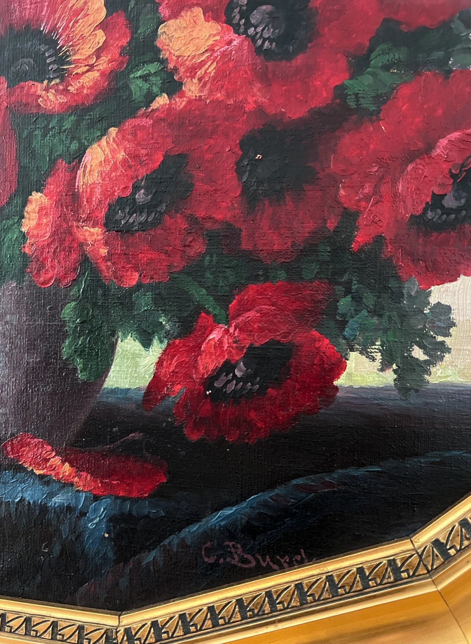 Floral Still Life Oil Painting: Daisies, Cornflowers, Poppies, Ornate Frame