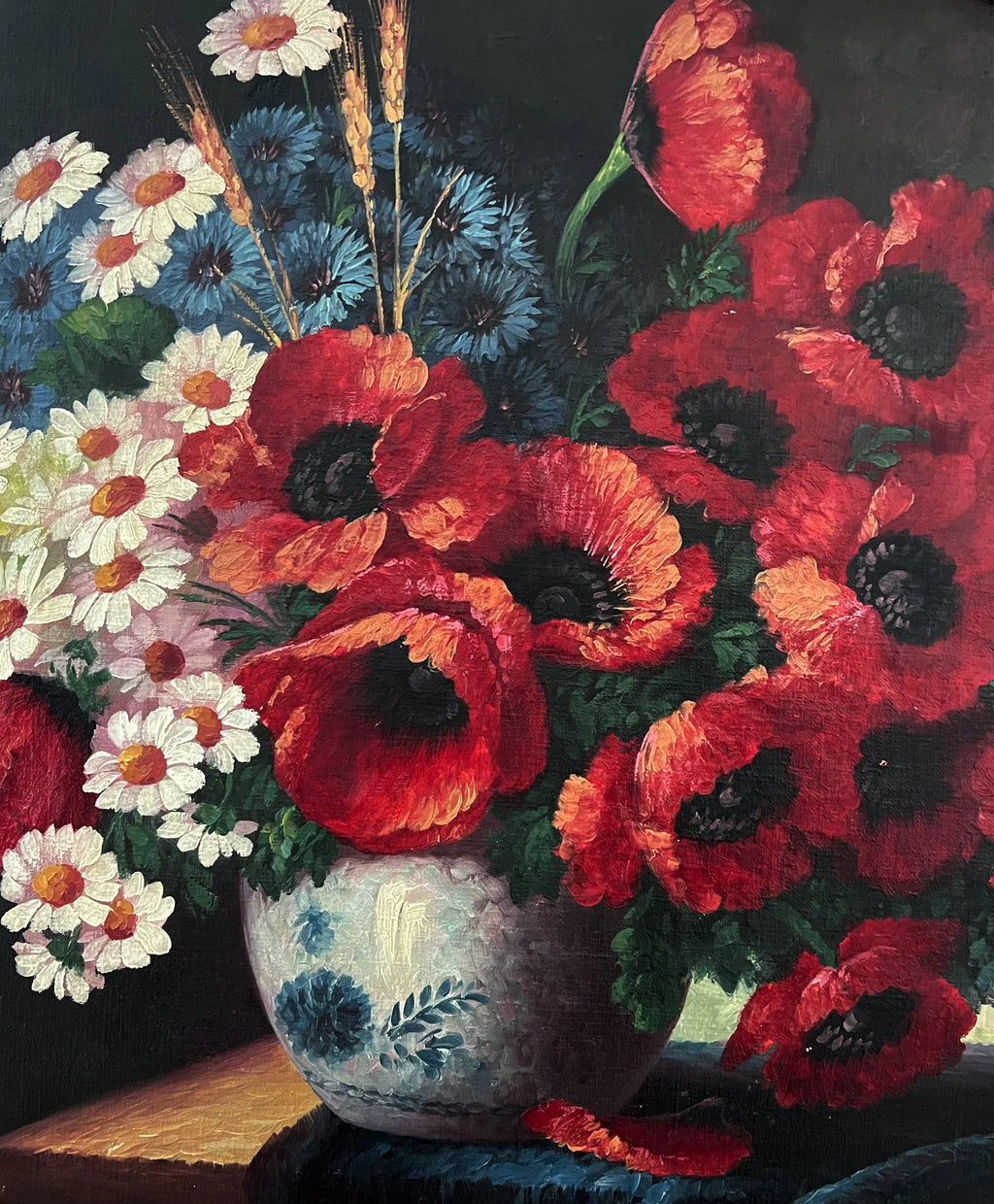 Floral Still Life Oil Painting: Daisies, Cornflowers, Poppies, Ornate Frame