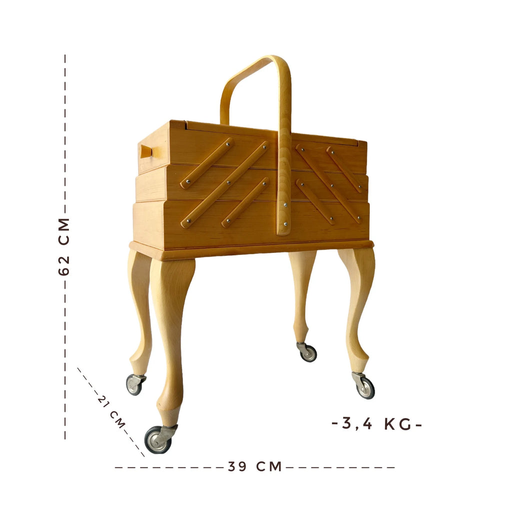 Vintage Stand Sewing Box on Legs with Wheels. Craft Caddy.
