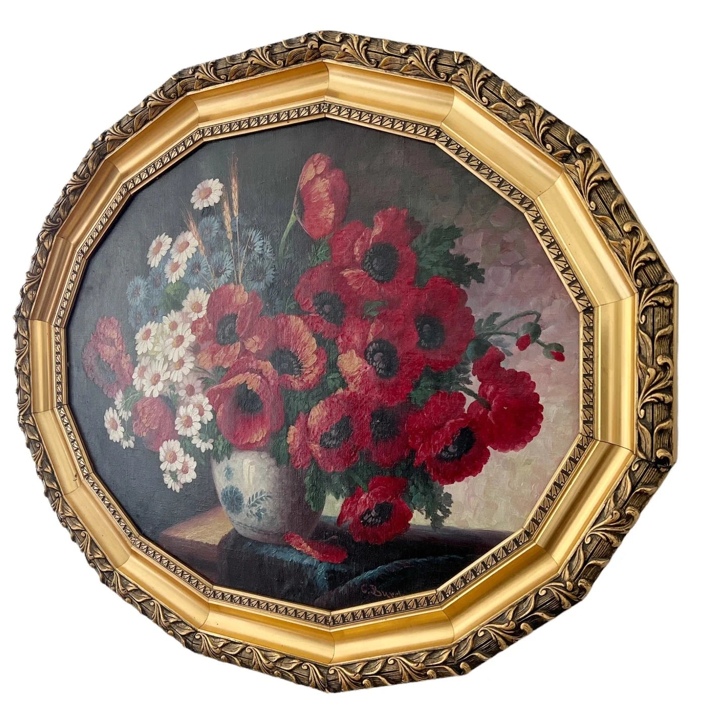 Floral Still Life Oil Painting: Daisies, Cornflowers, Poppies, Ornate Frame