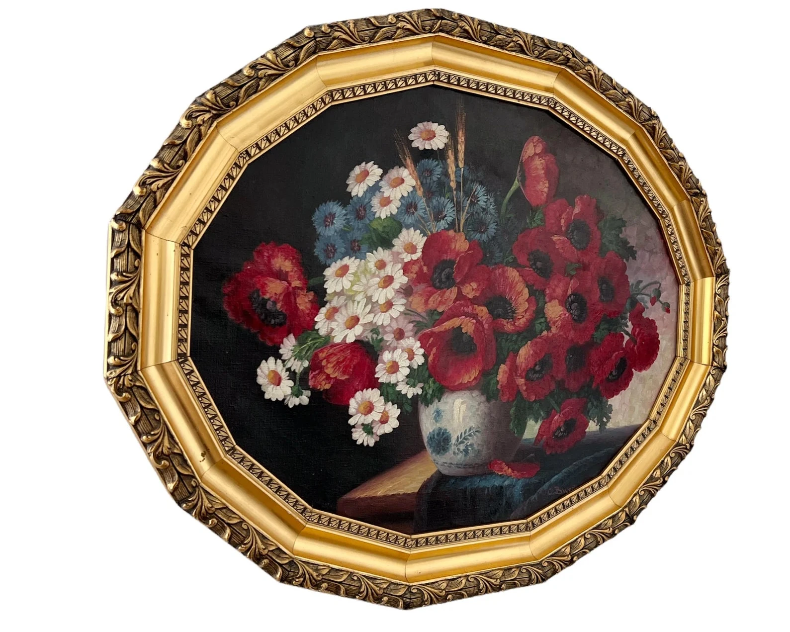 Floral Still Life Oil Painting: Daisies, Cornflowers, Poppies, Ornate Frame