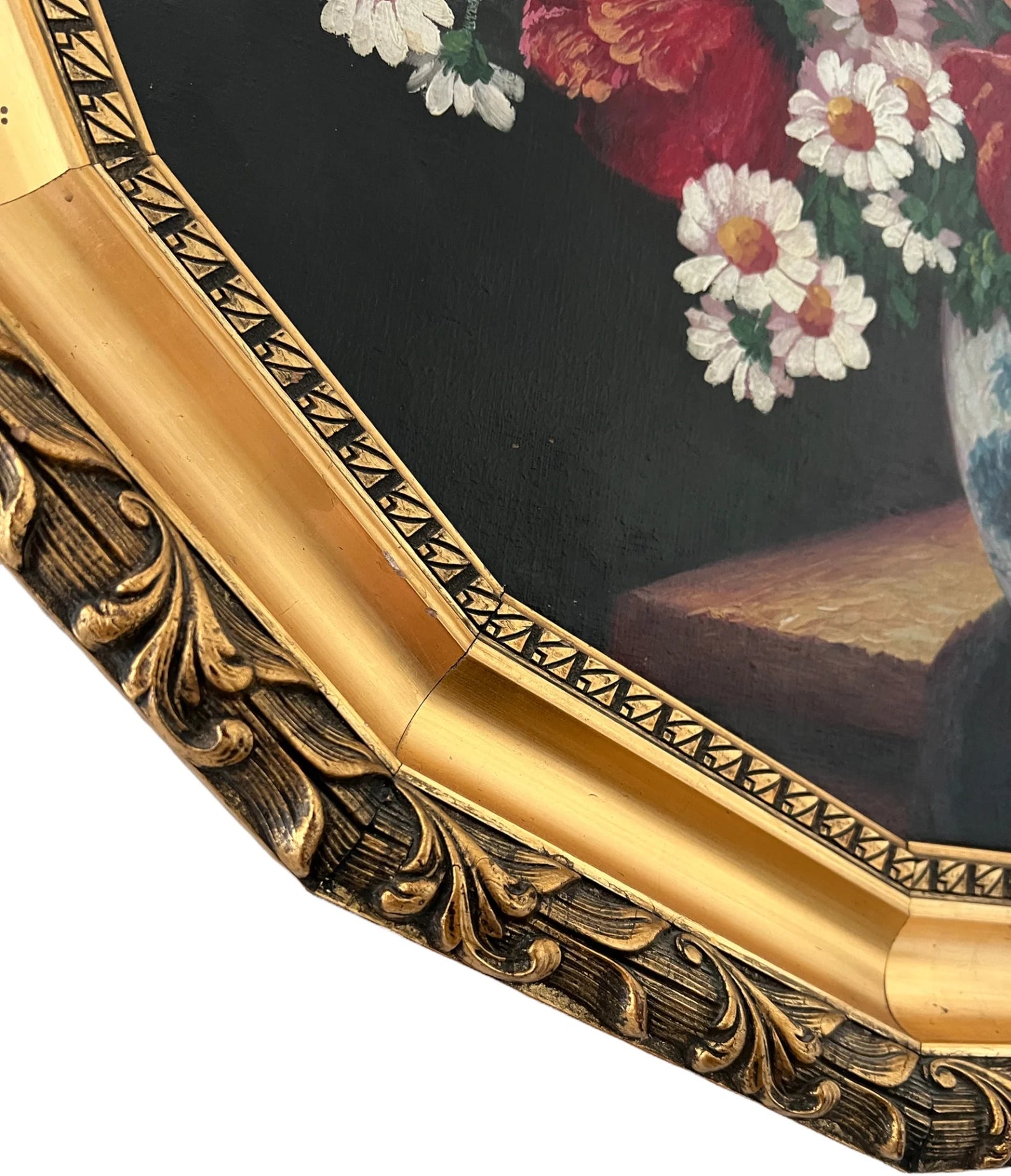 Floral Still Life Oil Painting: Daisies, Cornflowers, Poppies, Ornate Frame